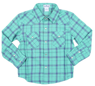 Youth Flannel Pearl Snap- Blue Green Plaid